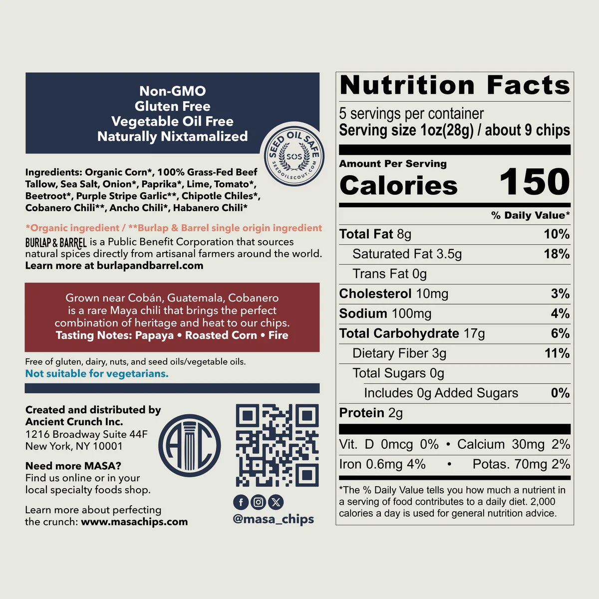 Nutrition label for Masa chips with ingredients and nutritional information.