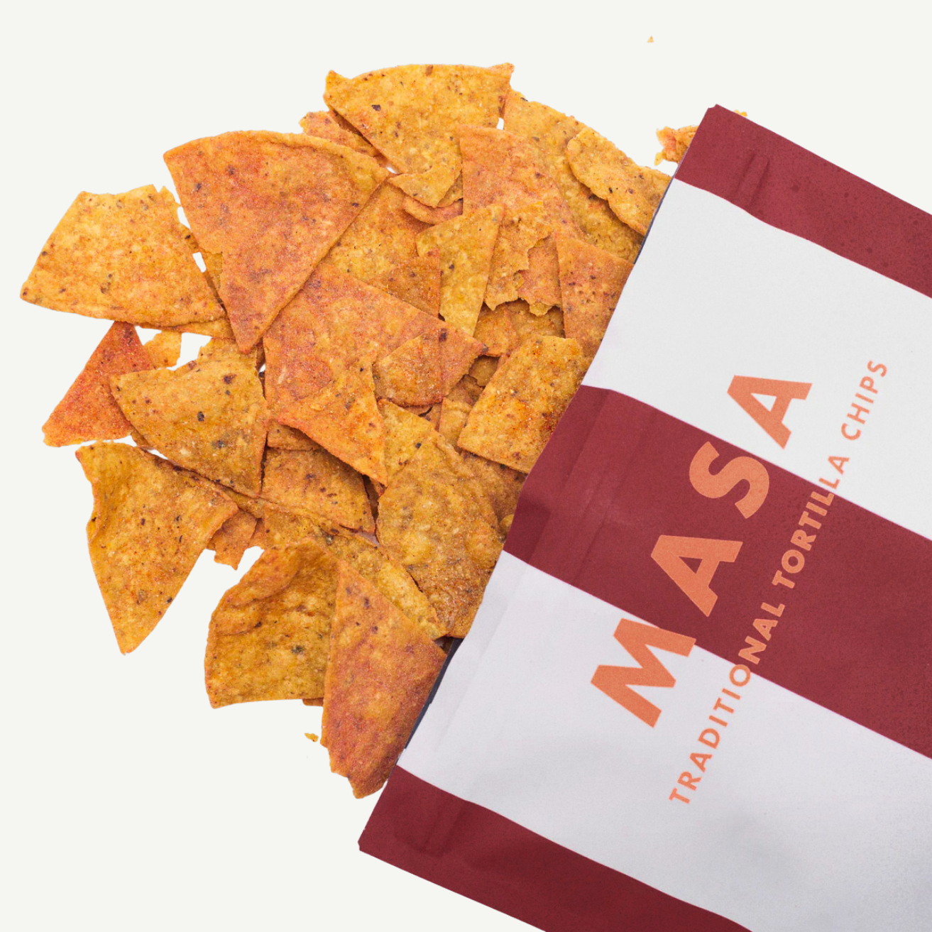 Masa traditional tortilla chips with packaging on a white background